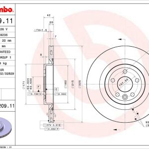 Brembo Brake Rotor, Vented, One Piece Design, Wheel Bolt Pattern 5 X 107.95 Millimeter – 09C20911C02