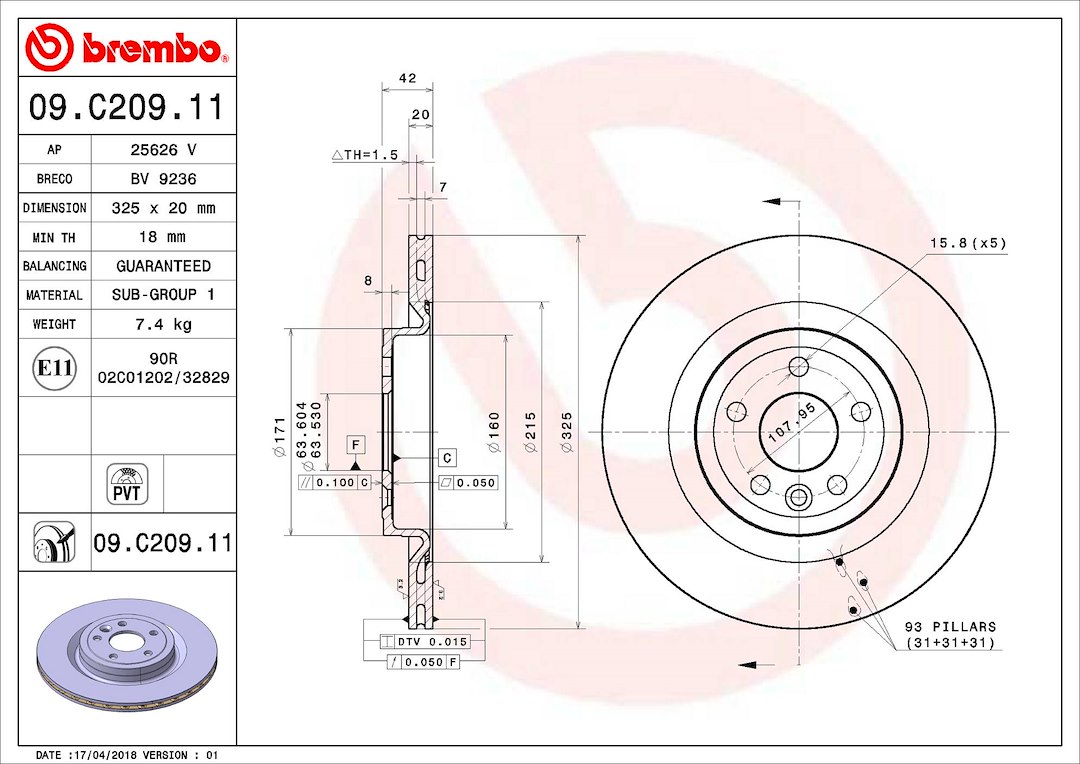 Brembo Brake Rotor, Vented, One Piece Design, Wheel Bolt Pattern 5 X 107.95 Millimeter – 09C20911C02