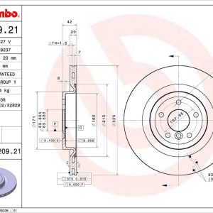 Brembo Brake Rotor, Vented, One Piece Design, Wheel Bolt Pattern 5 X 107.95 Millimeter – 09C20921C02