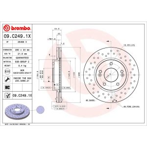 Brembo Brake Rotor, Xtra, Vented Cross Drilled, One Piece Design, Wheel Bolt Pattern 5 X 114.3 Millimeter – 09.C249.1X