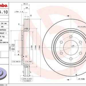 Brembo Brake Rotor, Vented, One Piece Design, 350 Millimeter Diameter X 50 Millimeter Height X 34 Millimeter Thickness, Gray Cast Iron – 09C27411C02