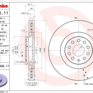 Brembo Brake Rotor, Vented, One Piece Design, Wheel Bolt Pattern 9 X 112 Millimeter – 09C30611C02