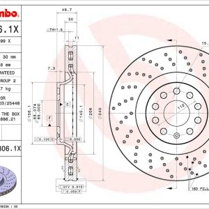 Brembo Brake Rotor, Xtra, Vented Cross Drilled, One Piece Design, Wheel Bolt Pattern 9 X 112 Millimeter – 09C3061XC02