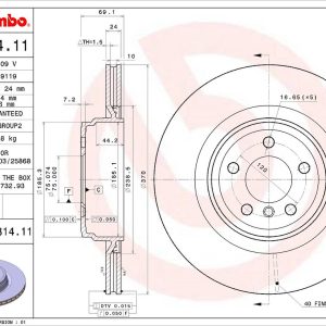Brembo Brake Rotor, Vented, One Piece Design, Wheel Bolt Pattern 5 X 120 Millimeter – 09C31411C02