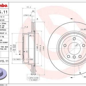 Brembo Brake Rotor, Vented, One Piece Design, Wheel Bolt Pattern 5 X 120 Millimeter – 09C31511C02