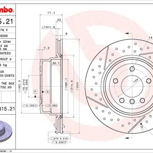 Brembo Brake Rotor, Vented Cross Drilled, One Piece Design, Wheel Bolt Pattern 5 X 120 Millimeter – 09C31521C02