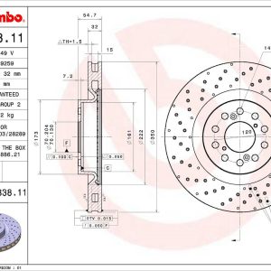 Brembo Brake Rotor, Vented Cross Drilled, One Piece Design, Wheel Bolt Pattern 5 X 120 Millimeter – 09C33811C02