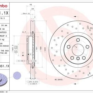 Brembo Brake Rotor, Xtra, Vented Cross Drilled, One Piece Design, Wheel Bolt Pattern 5 X 112 Millimeter – 09C3511XC02