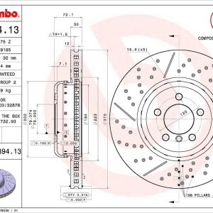 Brembo Brake Rotor, Vented Cross Drilled, One Piece Design, Wheel Bolt Pattern 5 X 120 Millimeter – 09C39413C02