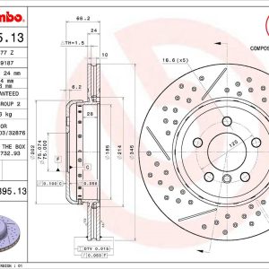 Brembo Brake Rotor, Vented Cross Drilled, One Piece Design, Wheel Bolt Pattern 5 X 120 Millimeter – 09C39513C02