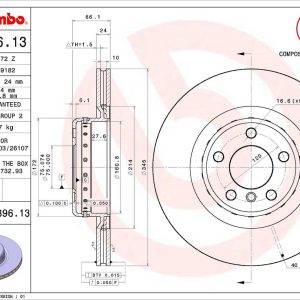 Brembo Brake Rotor, Vented, One Piece Design, Wheel Bolt Pattern 5 X 120 Millimeter – 09C39613C02