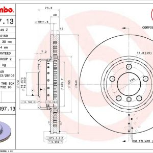 Brembo Brake Rotor, Vented, One Piece Design, Wheel Bolt Pattern 5 X 120 Millimeter – 09C39713C02