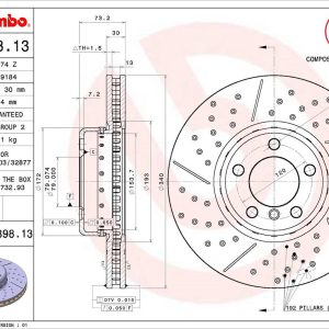 Brembo Brake Rotor, Vented Cross Drilled, One Piece Design, Wheel Bolt Pattern 5 X 120 Millimeter – 09C39813C02
