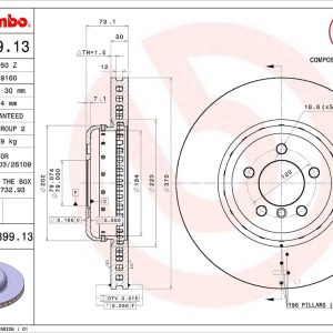 Brembo Brake Rotor, Vented, One Piece Design, Wheel Bolt Pattern 5 X 120 Millimeter – 09C39913C02