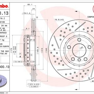 Brembo Brake Rotor, Vented Cross Drilled, One Piece Design, Wheel Bolt Pattern 5 X 120 Millimeter – 09C40013C02