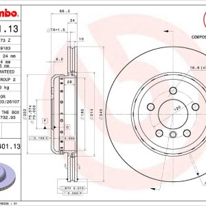 Brembo Brake Rotor, Vented, One Piece Design, Wheel Bolt Pattern 5 X 120 Millimeter – 09C40113C02