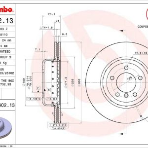 Brembo Brake Rotor, Vented, One Piece Design, Wheel Bolt Pattern 5 X 120 Millimeter – 09C40213C02
