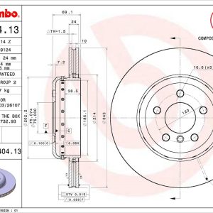 Brembo Brake Rotor, Vented, One Piece Design, Wheel Bolt Pattern 5 X 120 Millimeter – 09C40413C02