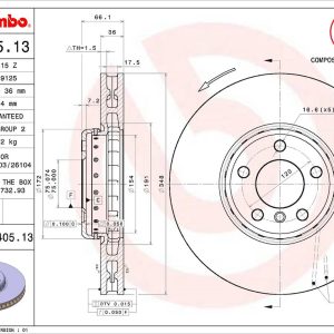 Brembo Brake Rotor, Vented, One Piece Design, Wheel Bolt Pattern 5 X 120 Millimeter – 09C40513C02