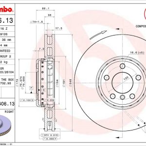 Brembo Brake Rotor, Vented, One Piece Design, Wheel Bolt Pattern 5 X 120 Millimeter – 09C40613C02