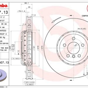 Brembo Brake Rotor, Vented, One Piece Design, Wheel Bolt Pattern 5 X 120 Millimeter – 09C40713C02