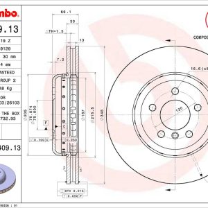 Brembo Brake Rotor, Vented, One Piece Design, Wheel Bolt Pattern 5 X 120 Millimeter – 09C40913C02