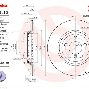 Brembo Brake Rotor, Vented, One Piece Design, Wheel Bolt Pattern 5 X 120 Millimeter – 09C41013C02