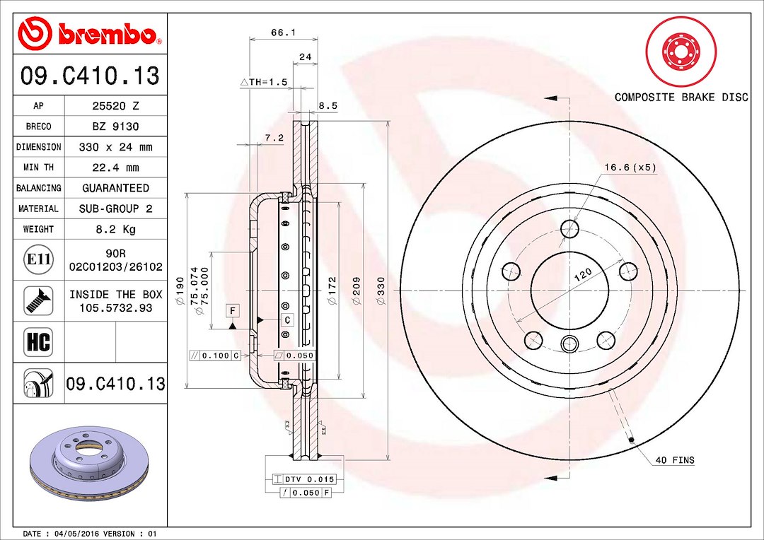 Brembo Brake Rotor, Vented, One Piece Design, Wheel Bolt Pattern 5 X 120 Millimeter – 09C41013C02