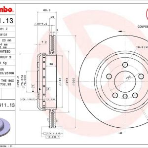 Brembo Brake Rotor, Vented, One Piece Design, Wheel Bolt Pattern 5 X 120 Millimeter – 09C41113C02