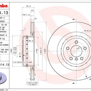 Brembo Brake Rotor, Vented, One Piece Design, Wheel Bolt Pattern 5 X 120 Millimeter – 09C41413C02