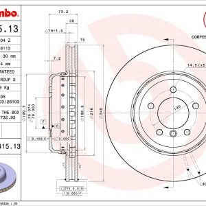 Brembo Brake Rotor, Vented, One Piece Design, Wheel Bolt Pattern 5 X 120 Millimeter – 09C41513C02