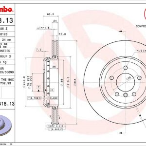Brembo Brake Rotor, Vented, One Piece Design, Wheel Bolt Pattern 5 X 120 Millimeter – 09C41813C02
