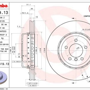 Brembo Brake Rotor, Vented, One Piece Design, Wheel Bolt Pattern 5 X 120 Millimeter – 09C41913C02