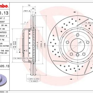 Brembo Brake Rotor, Vented Cross Drilled, One Piece Design, Wheel Bolt Pattern 5 X 120 Millimeter – 09C42013C02