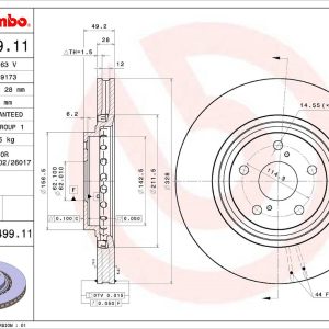 Brembo Brake Rotor, Vented, One Piece Design, Wheel Bolt Pattern 5 X 114.3 Millimeter – 09C49911C02