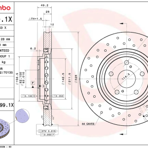 Brembo Brake Rotor, Xtra, Vented Cross Drilled, One Piece Design, Wheel Bolt Pattern 5 X 114.3 Millimeter – 09C4991XC02