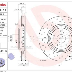 Brembo Brake Rotor, Xtra, Vented Cross Drilled, One Piece Design, Wheel Bolt Pattern 5 X 114.3 Millimeter – 09C4991XC02