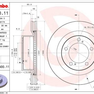 Brembo Brake Rotor, Vented, One Piece Design, Wheel Bolt Pattern 5 X 150 Millimeter – 09C50011C02
