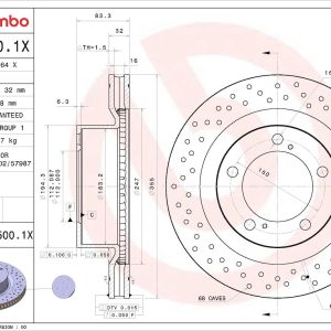 Brembo Brake Rotor, Xtra, Vented Cross Drilled, One Piece Design, Wheel Bolt Pattern 5 X 150 Millimeter – 09C5001XC02