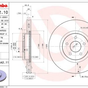 Brembo Brake Rotor, Vented, One Piece Design, Wheel Bolt Pattern 5 X 107.95 Millimeter – 09C54211C02