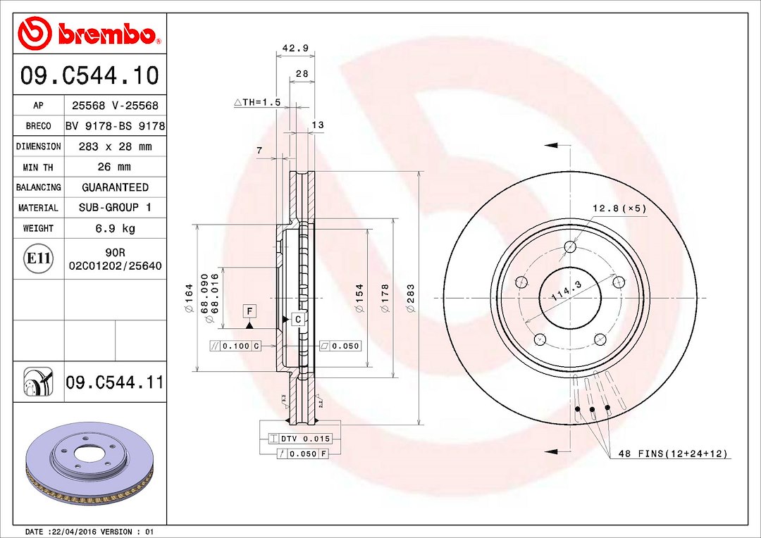 Brembo Brake Rotor, Vented, One Piece Design, Wheel Bolt Pattern 5 X 114.3 Millimeter – 09C54411C02
