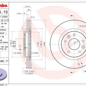Brembo Brake Rotor, Vented, One Piece Design, Wheel Bolt Pattern 5 X 114.3 Millimeter – 09C54511C02