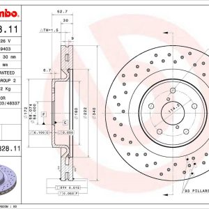 Brembo Brake Rotor, Vented Cross Drilled, One Piece Design, Wheel Bolt Pattern 5 X 114.3 Millimeter – 09C82811C02