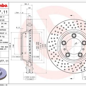 Brembo Brake Rotor, Vented Cross Drilled, One Piece Design, Wheel Bolt Pattern 5 X 130 Millimeter – 09C87711C02