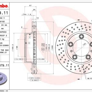 Brembo Brake Rotor, Vented Cross Drilled, One Piece Design, Wheel Bolt Pattern 5 X 130 Millimeter – 09C87911C02