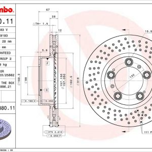 Brembo Brake Rotor, Vented Cross Drilled, One Piece Design, Wheel Bolt Pattern 5 X 130 Millimeter – 09C88011C02