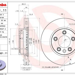 Brembo Brake Rotor, Vented, One Piece Design, Wheel Bolt Pattern 5 X 130 Millimeter – 09C88111C02
