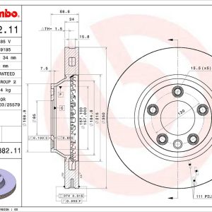 Brembo Brake Rotor, Vented, One Piece Design, Wheel Bolt Pattern 5 X 130 Millimeter – 09C88211C02