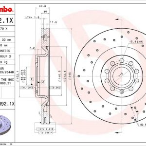 Brembo Brake Rotor, Xtra, Vented Cross Drilled, One Piece Design, Wheel Bolt Pattern 9 X 112 Millimeter – 09C8921XC02