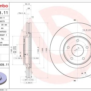 Brembo Brake Rotor, Prime, Vented, One Piece Design, Wheel Bolt Pattern 5 X 114.3 Millimeter – 09C92811C02